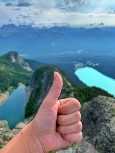 Thumb's up in front of Devil's Thumb: Banff Hike